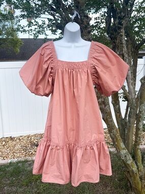 Magali Pascal Puff Sleeve Mini Dress Coral Smocked Babydoll Size S $270 Retail